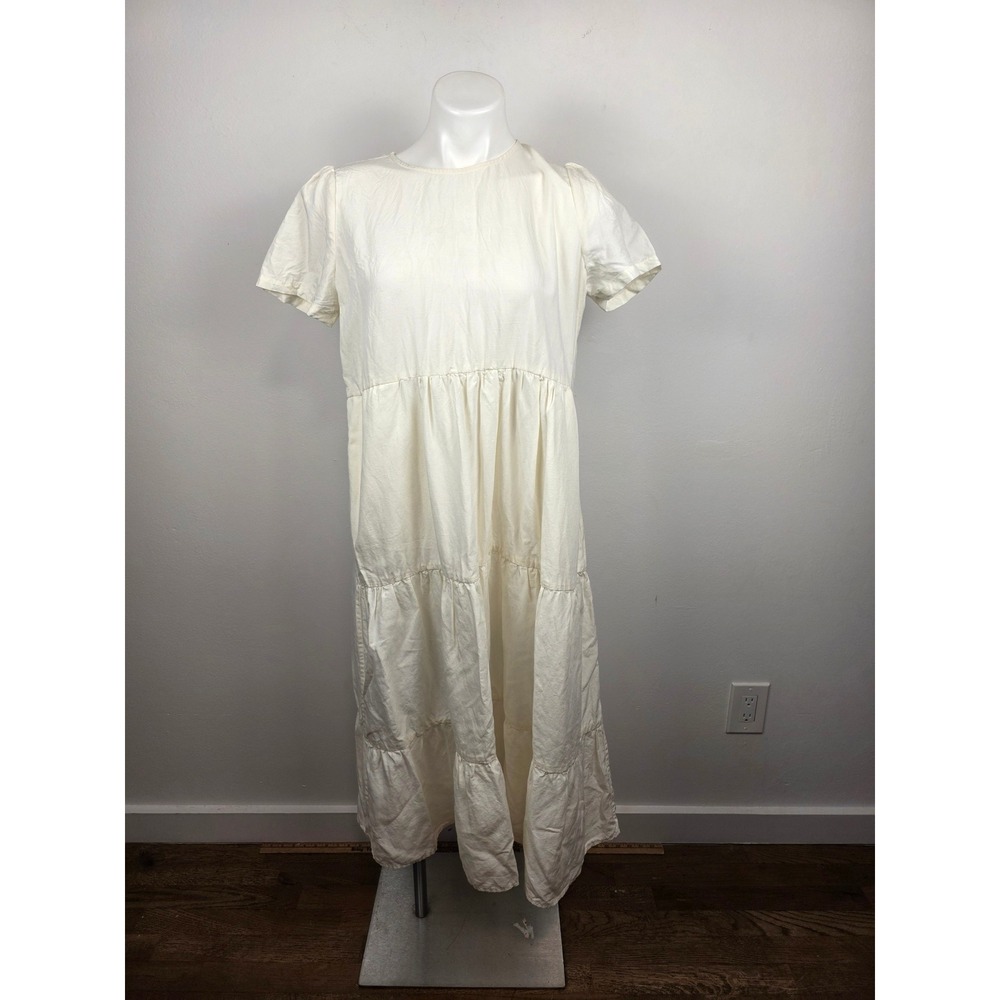 Tradlands Cream Tencel Linen Tiered Maxi Dress XS Short Sleeve Ivory Boho